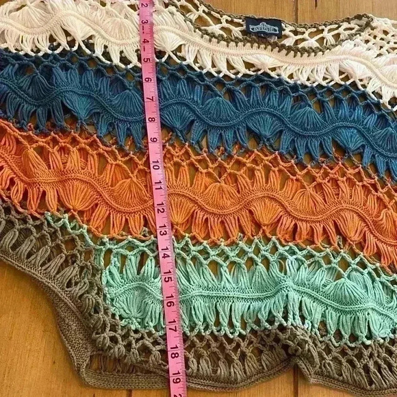 Angie Womens Crocheted Block Color Short Sleeve Top large orange blue aqua - Picture 8 of 10